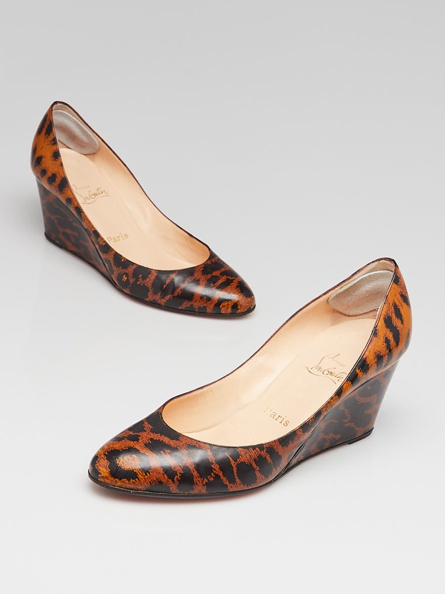Christian Louboutin Brown Leopard Print Miminette Patent Leather Wedges Size 10.5/41