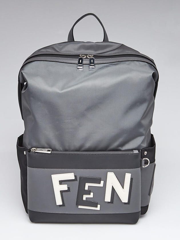 Fendi Grey/Black Nylon Fabric Shadow Logo Backpack Bag 7VA367