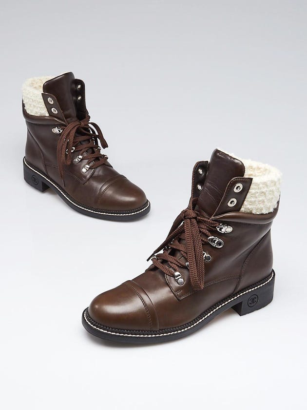 Chanel Dark Brown Leather Lace Up Boots Size 9.5/40