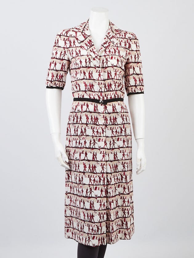 Prada Red/Cream Silk Printed Short Sleeve Dress Size 2/36