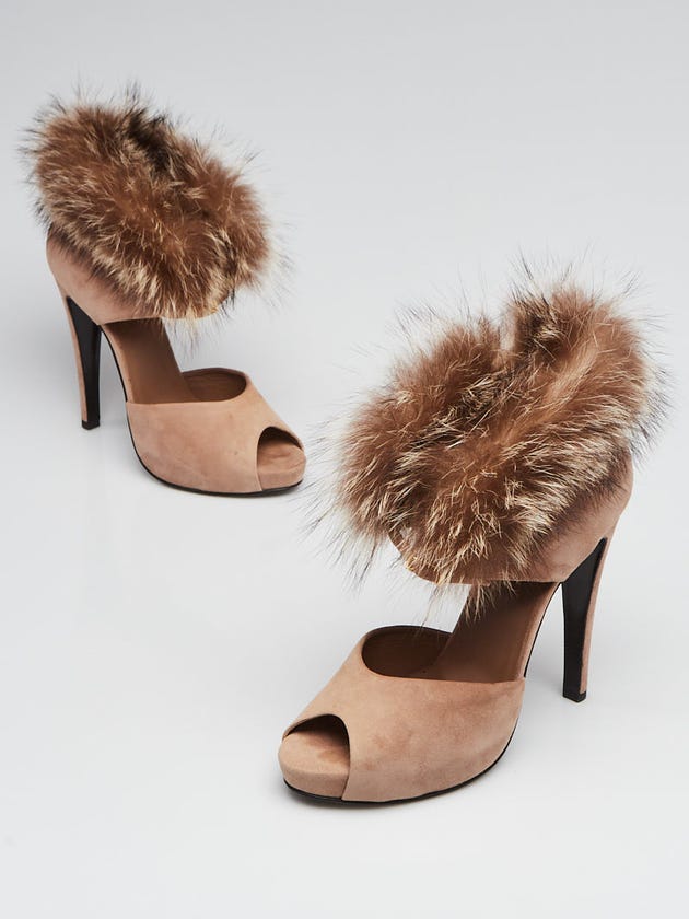 Hermes Brown Suede and Fox Fur Peep Toe Pumps Size 8.5/39