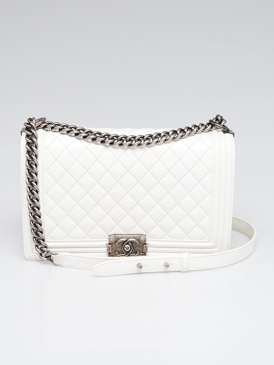 Chanel White Quilted Patent Leather Large Boy Bag - Yoogi's Closet