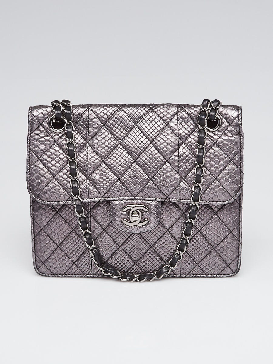 Chanel Metallic Silver Quilted Python Square Accordion Shoulder Bag ...