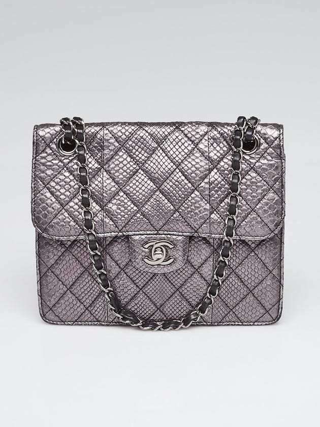 Chanel Metallic Silver Quilted Python Square Accordion Shoulder Bag