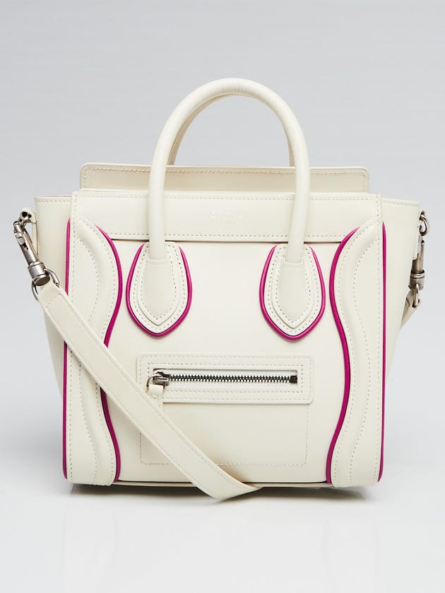 Celine White/Magenta Smooth Calfskin Leather Nano Luggage Tote Bag