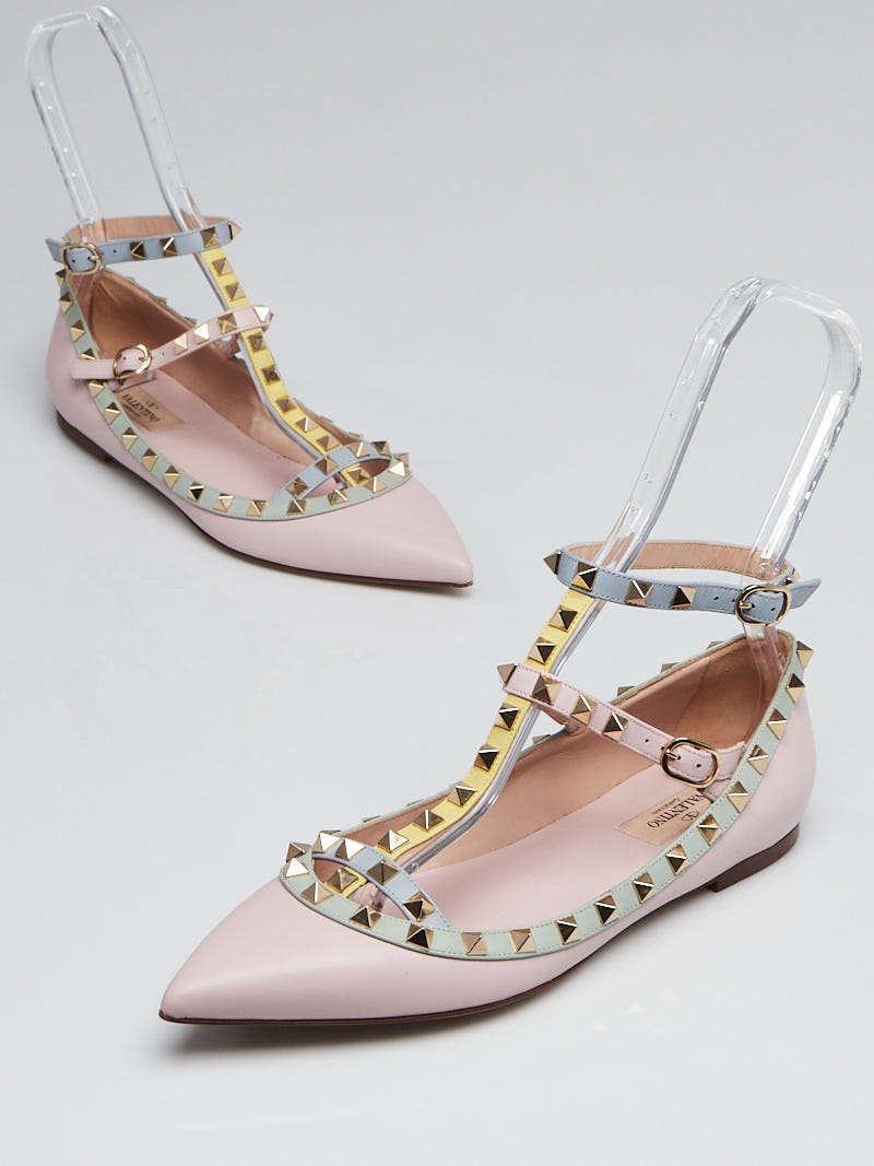 Valentino Pink Tri-Color Leather Rockstud Cage Flats Size 8.5/39