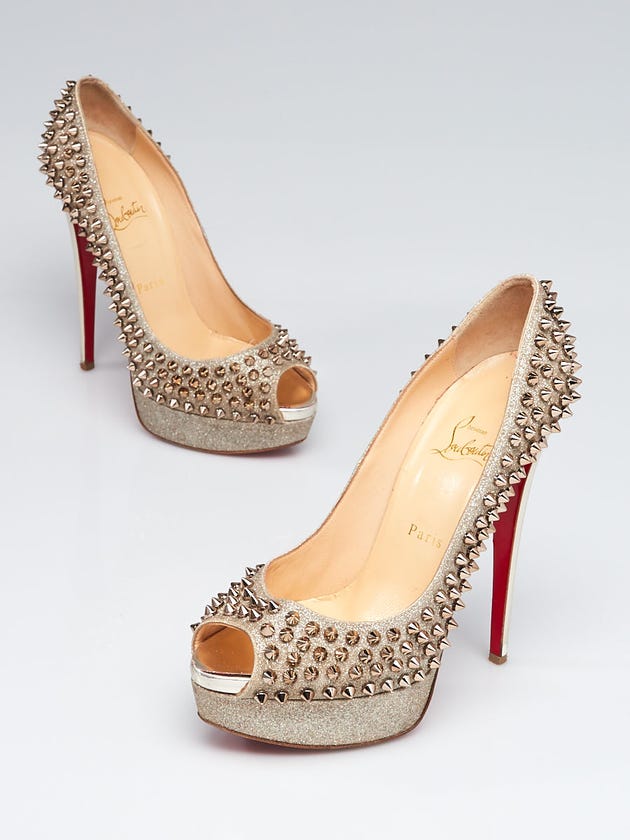 Christian Louboutin Ivory Glitter Leather Lady Peep Spikes 150 Pumps Size 9/39.5