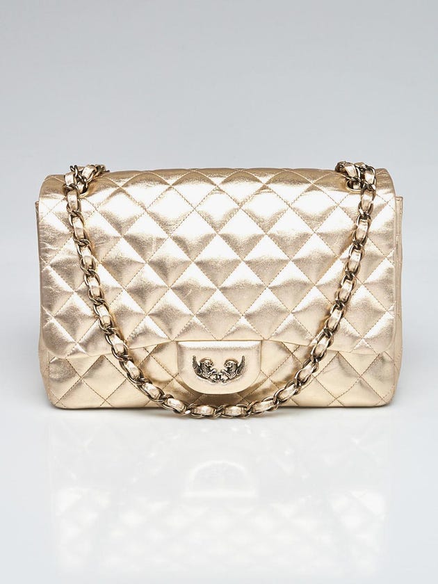 Chanel Gold Quilted Lambskin Leather Double Lions Single Jumbo Flap Bag