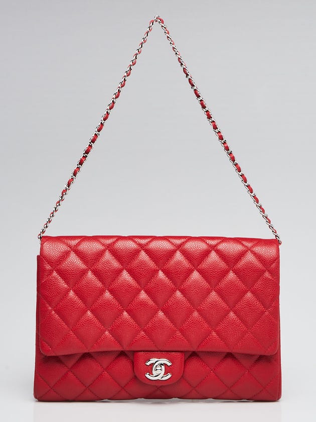 Chanel Red Quilted Caviar Leather Chain Clutch Bag