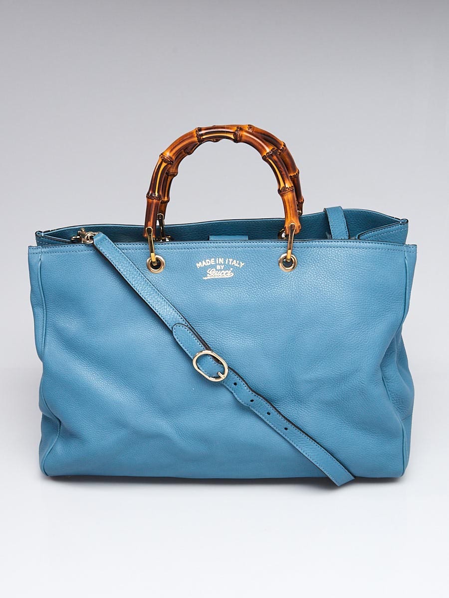 Gucci Teal Pebbled Leather Bamboo Top Handle Large Tote Bag Yoogi's
