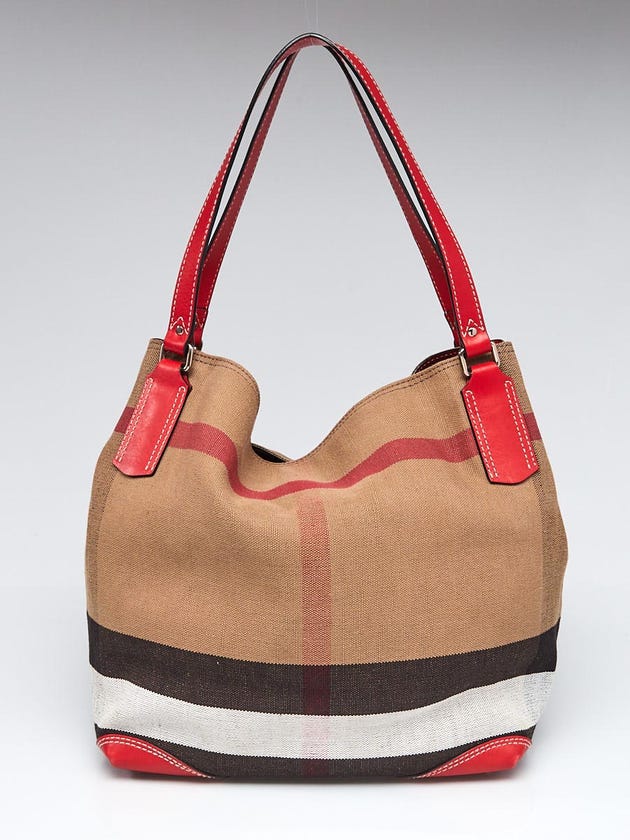 Burberry House Check Canvas Red Leather Medium Maidstone Tote Bag