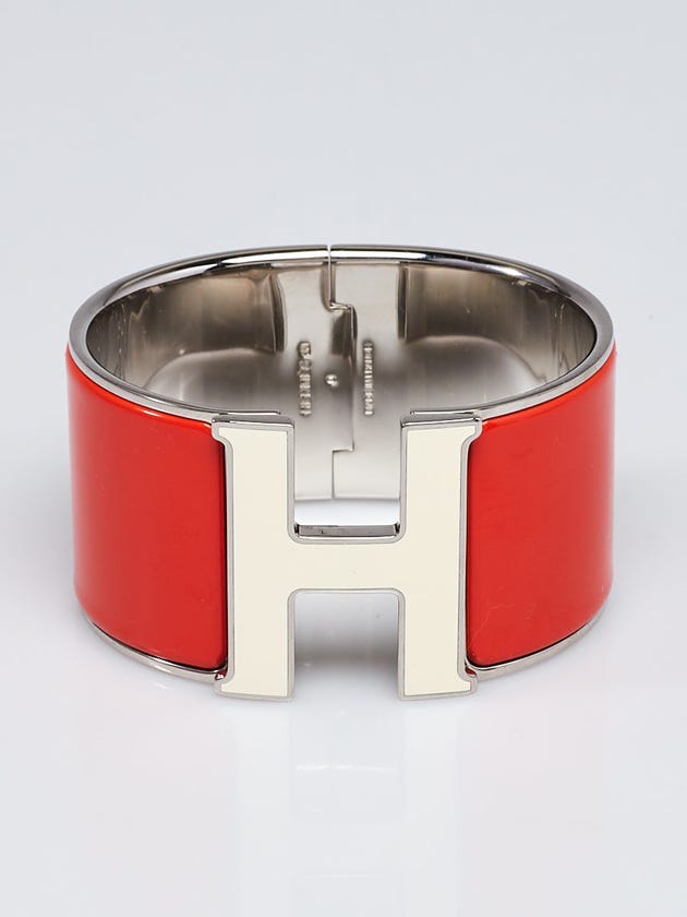 Hermes Orange Enamel Palladium Plated Clic-Clac H PM Extra Wide Bracelet