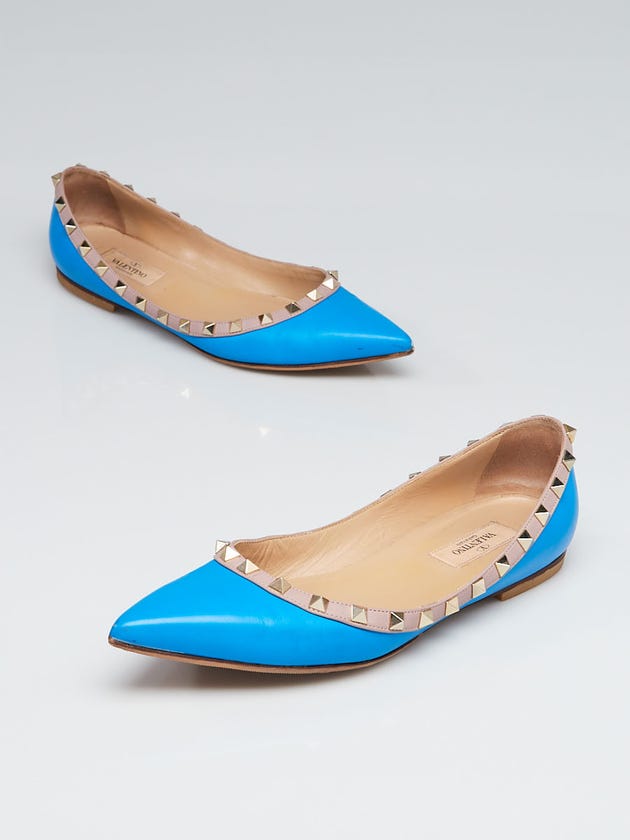 Valentino Bright Blue/Nude Leather Rockstud Flats Size 7.5/38