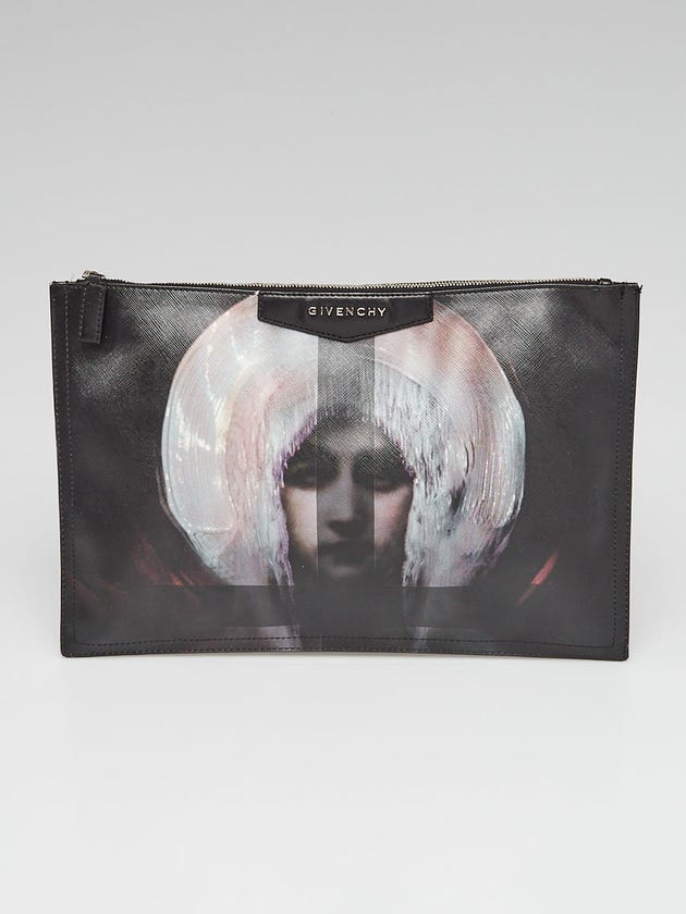 Givenchy Black Coated Canvas Madonna Print Zip Antigona Clutch Bag