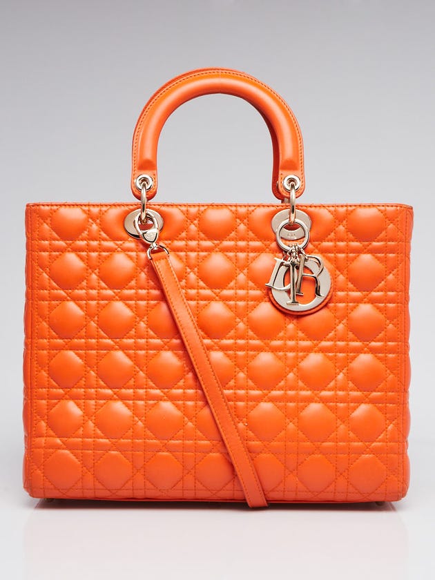 Christian Dior Orange Quilted Cannage Lambskin Leather Large Lady Dior Bag