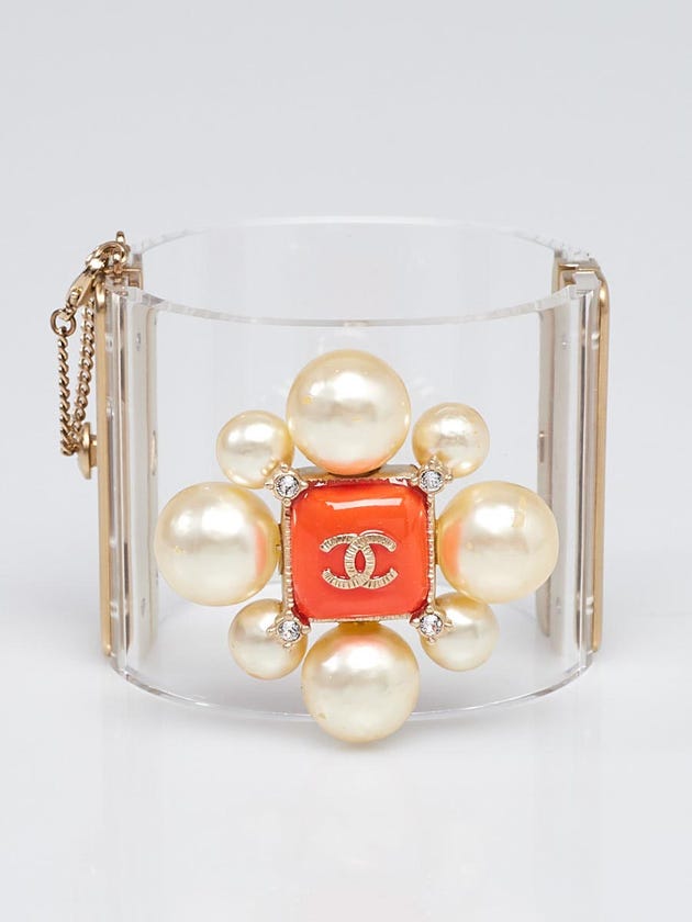 Chanel Clear Lucite and Pearls CC Wide Cuff Bracelet