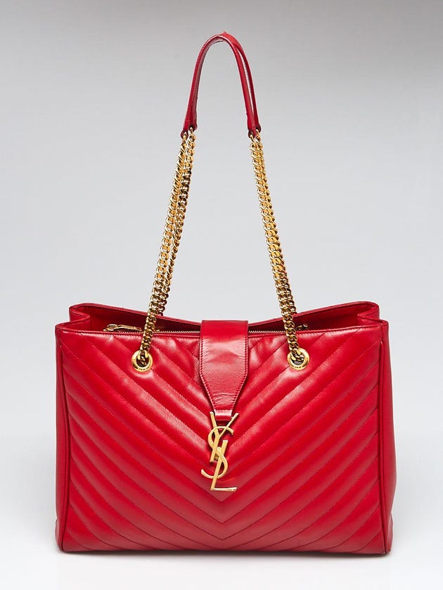 Yves Saint Laurent Red Chevron Quilted Grained Leather Monogram Tote Bag 