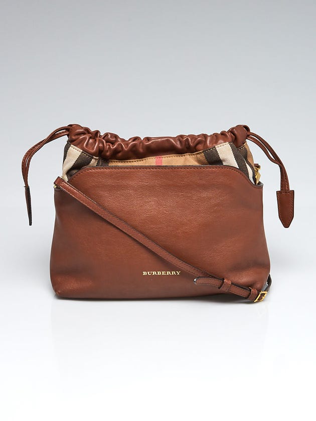 Burberry Brown Ochre Leather and Bridle House Check Canvas Little Crush Crossbody Bag