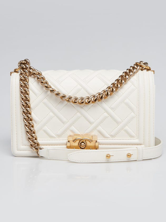 Chanel White Embossed Leather Medium Boy Bag