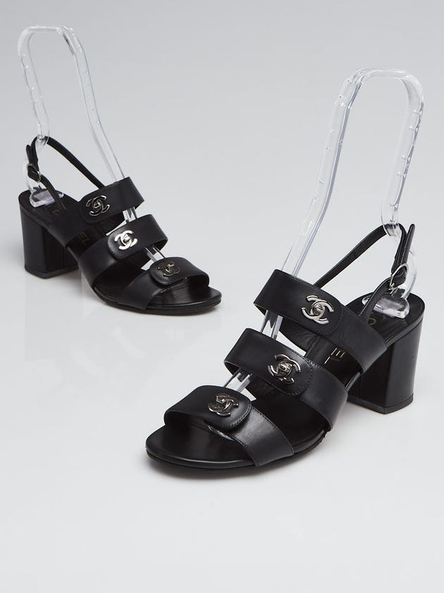 Chanel Black Leather CC Turnlock Sandals Size 8.5/39