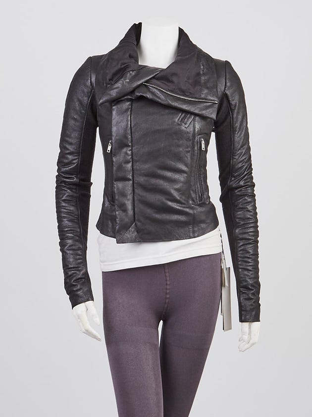 Rick Owens Black Blister Glossy Lambskin Leather Classic Biker Jacket Size 4/38