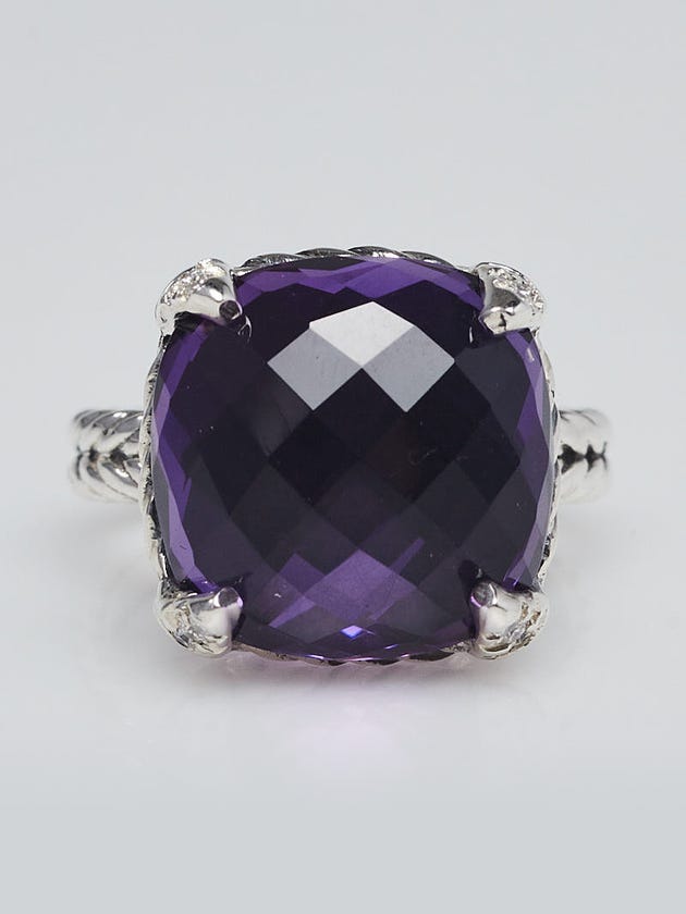 David Yurman 14mm Amethyst and Diamond Chatelaine Ring Size 6