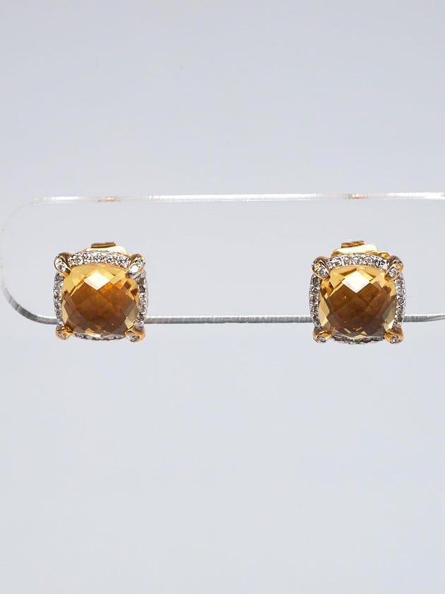 David Yurman 8mm 18k Gold with Champagne Citrine and Pave Diamond Chatelaine Stud Earrings