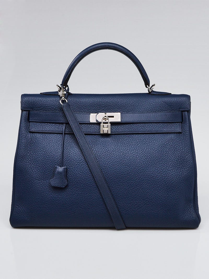 Hermes 40cm Blue Sapphire Clemence Leather Palladium Plated Kelly Retourne  Bag - Yoogi's Closet