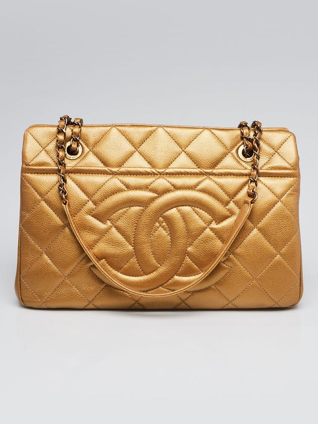Chanel Dark Gold Quilted Caviar Leather Timeless CC Soft Shopping Tote Bag
