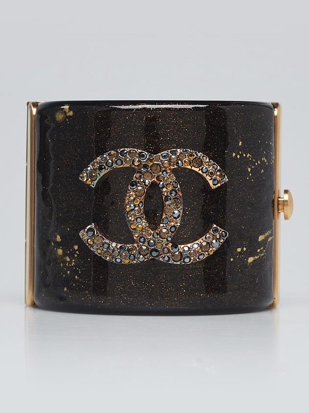 Chanel Black Resin and Crystal CC Wide Cuff Bracelet