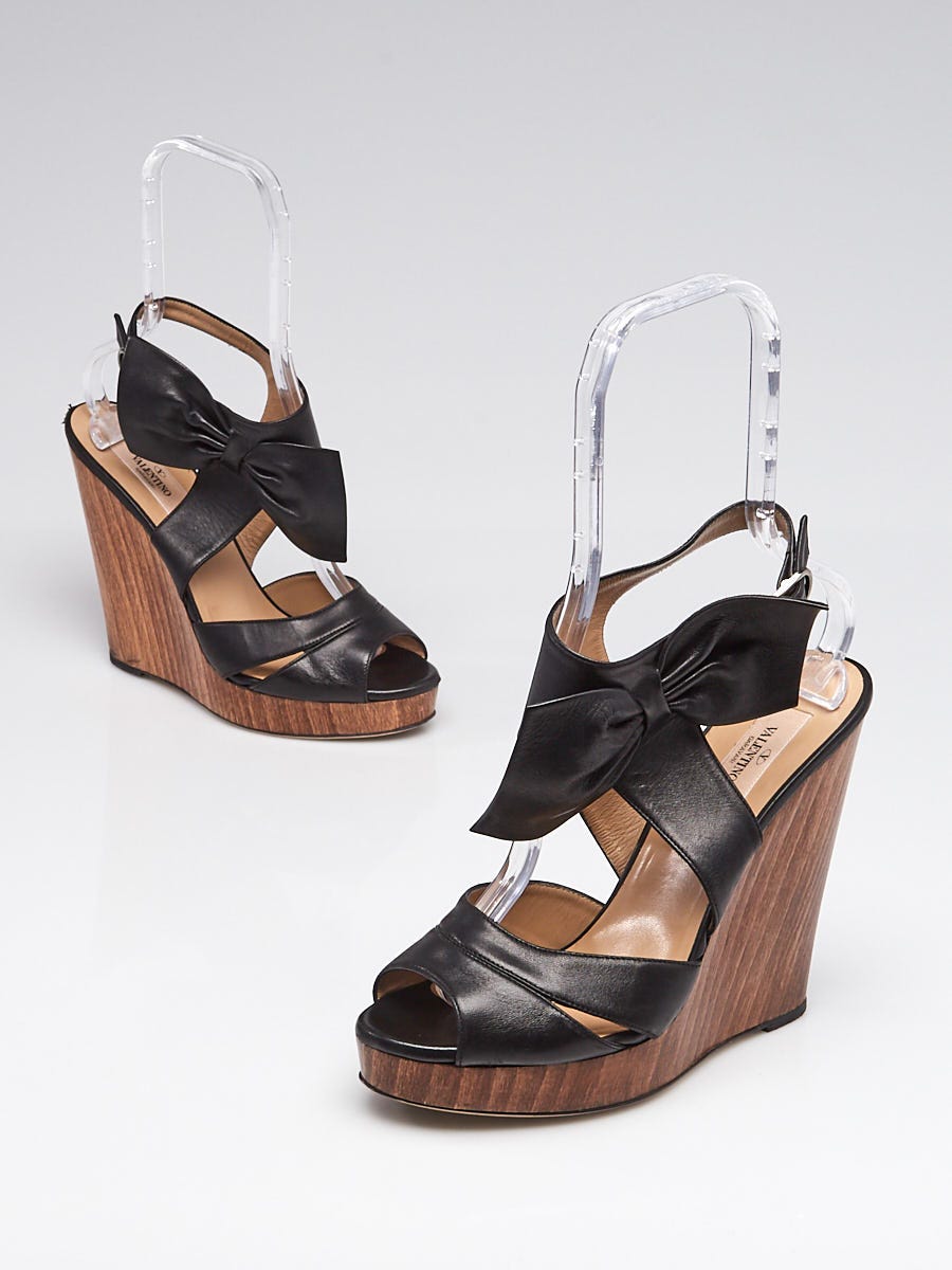 Valentino Black Leather Bow Wedge Sandals Size 8.5/39 - Yoogi's Closet