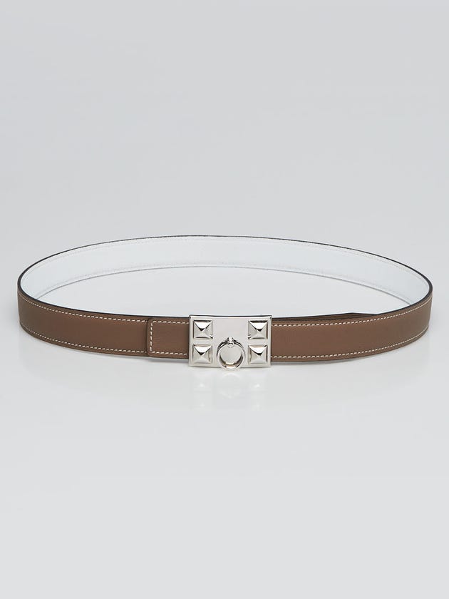 Hermes 24mm Etoupe/White Swift and Epsom Leather Palladium Plated Collier de Chien Buckle Reversible Belt Size 80
