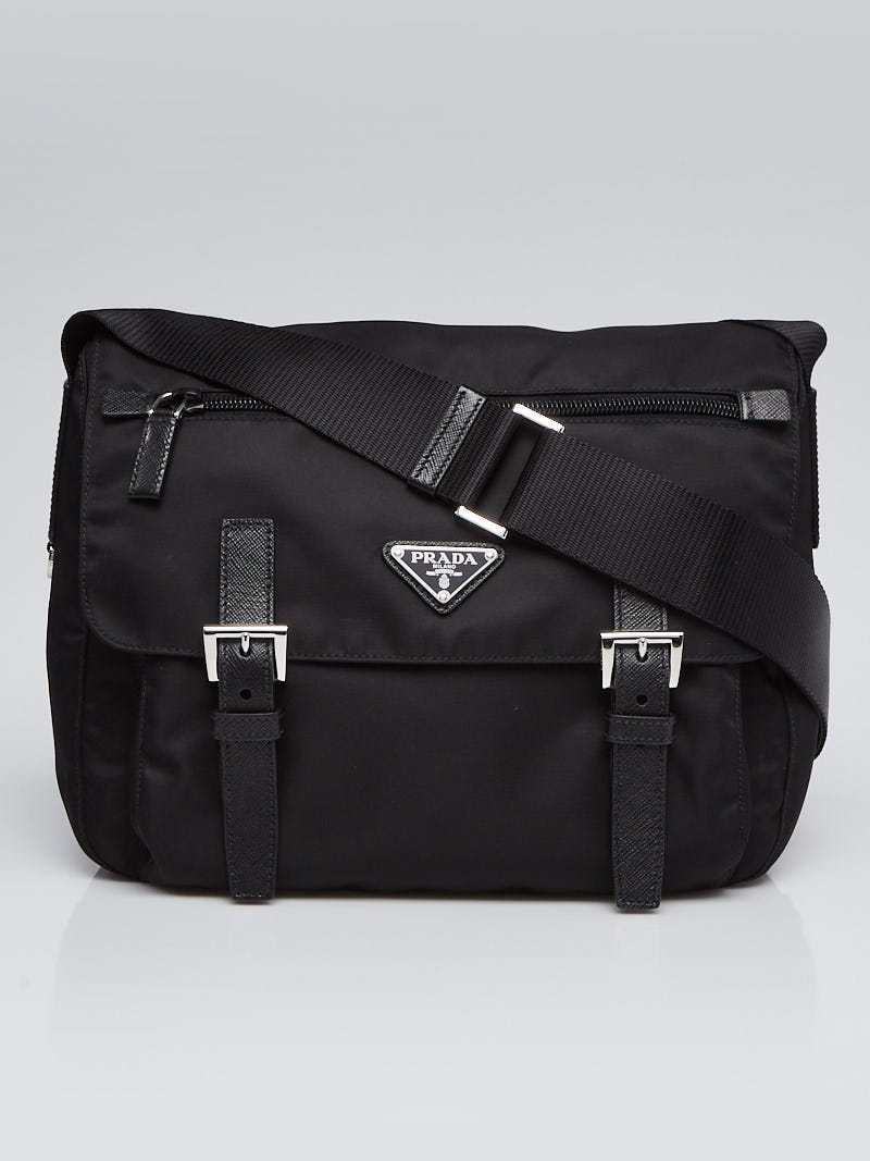 Prada Mens Double Pocket Black Nylon Crossbody Bag