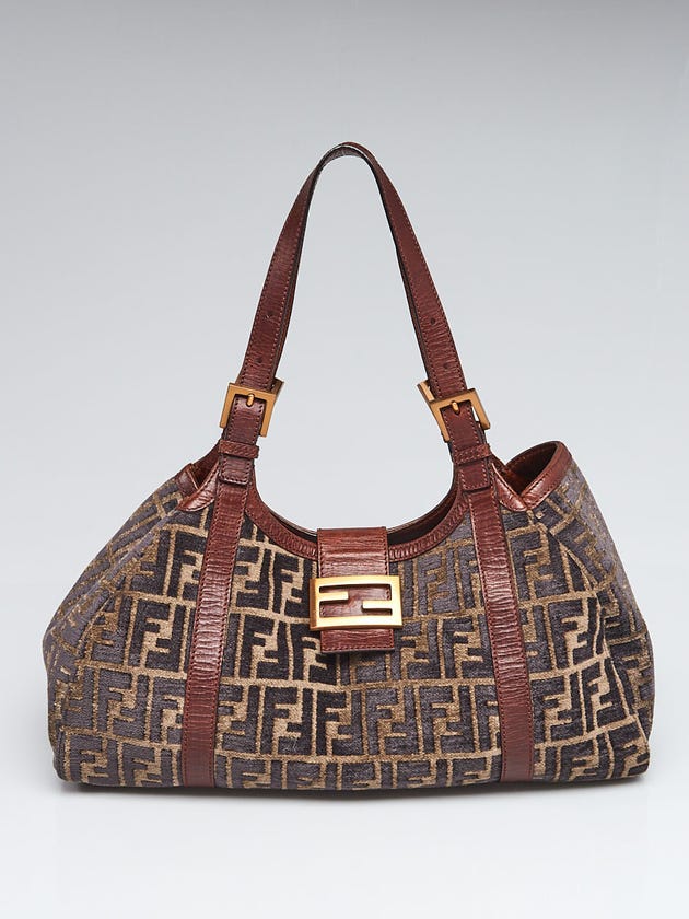 Fendi Brown Zucca Print Velour Borsa Sporty Tube Hobo Tote Bag 8BR463