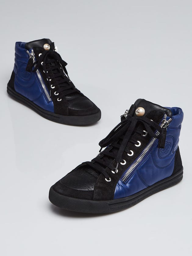 Chanel Blue Coated Fabric and Suede High Top Sneakers Size 8/38.5