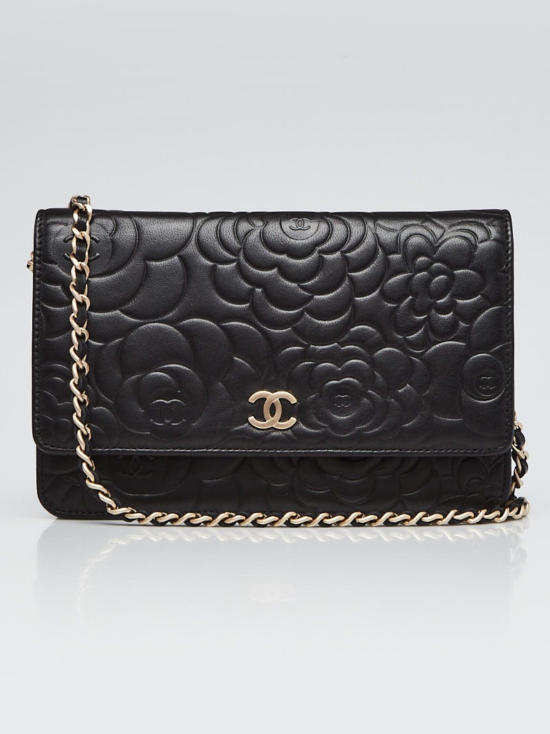 CHANEL Black Camellia Embossed Wallet On Chain WOC Shoulder Bag k53 –  hannari-shop