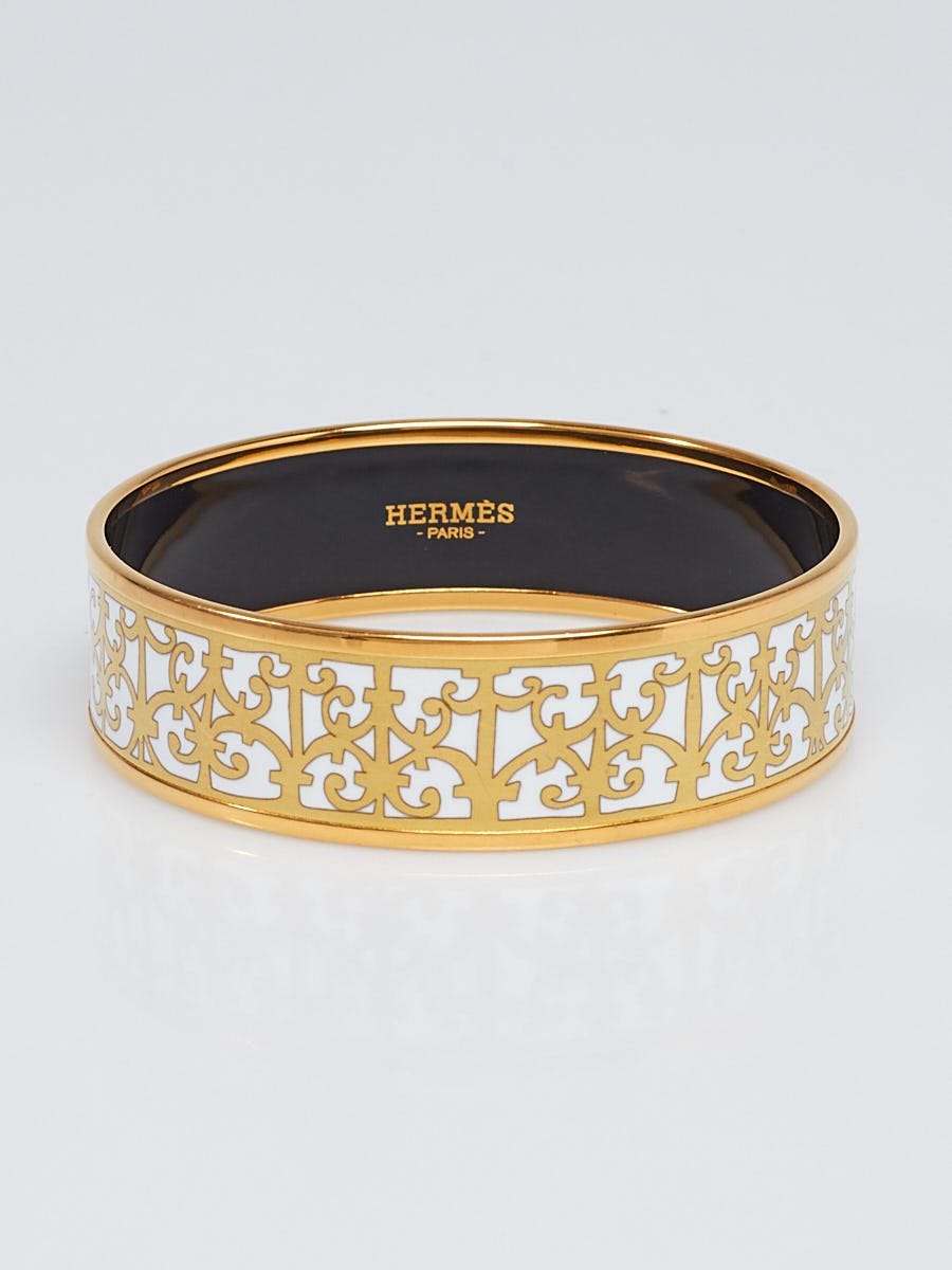 Hermes Gold/White Balcons du Guadalquivir Printed Enamel Gold Plated Wide Bangle  Bracelet Size 65 - Yoogi's Closet