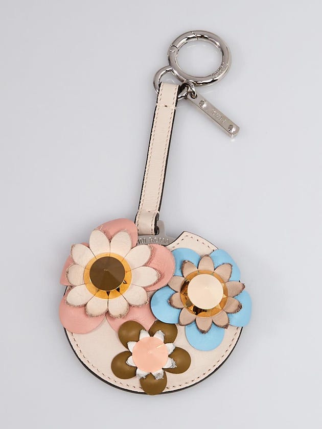 Fendi Light Grey/Pink Leather Flower Applique Mirror Bag Charm