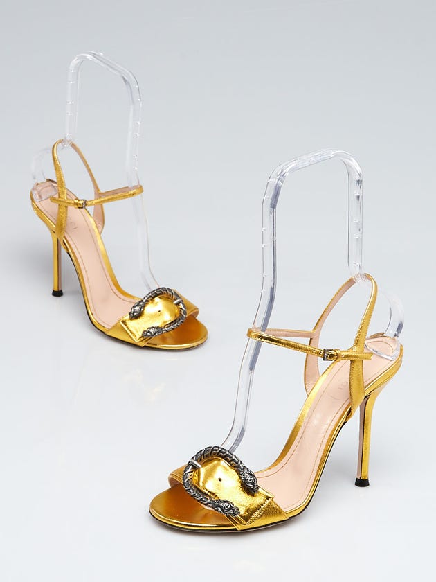 Gucci Metallic Gold Leather Dionysus Ankle Strap Sandals size 7.5/38.