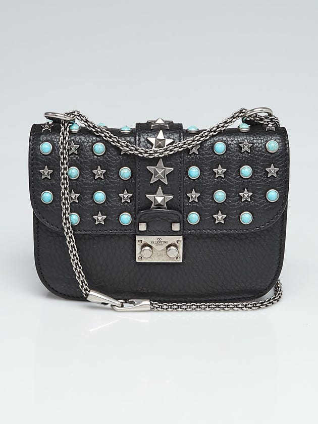 Valentino Black Pebbled Leather Star Rockstud Lock Small Flap Bag