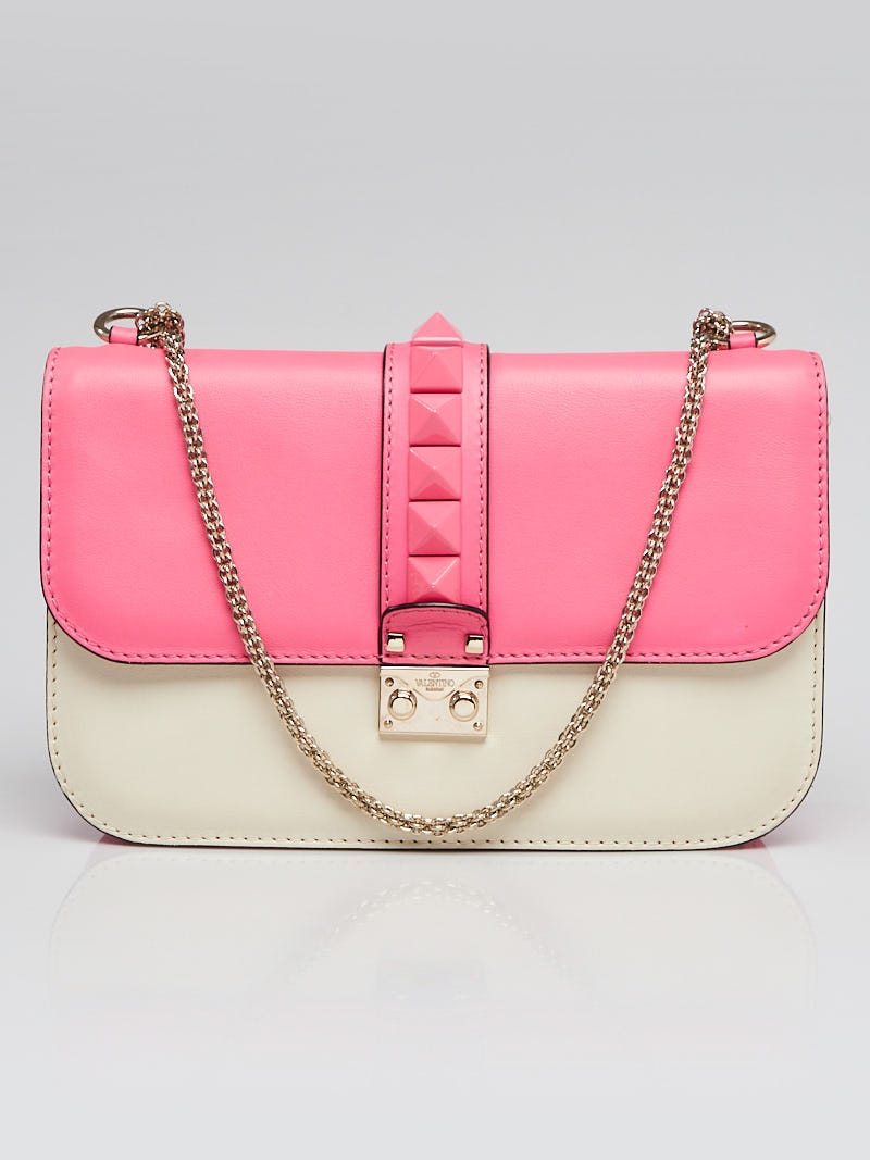 Valentino Pink/White Calfskin Leather Rockstud Glam Lock Medium Flap Bag