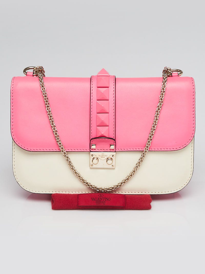 Valentino Pink/White Calfskin Leather Rockstud Glam Lock Medium Flap Bag