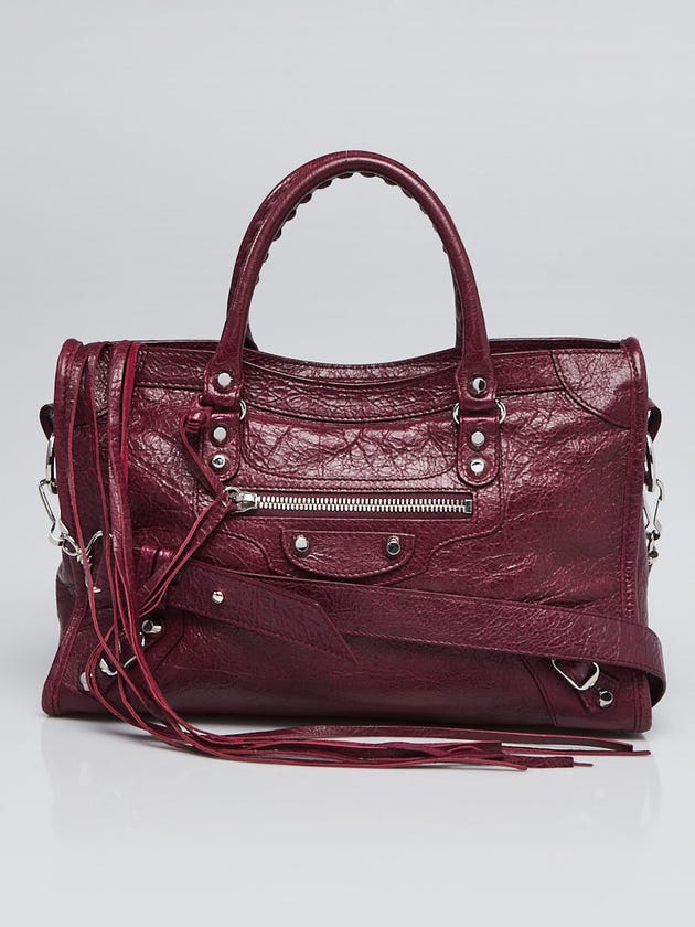 Balenciaga Violet Prune Lambskin Leather Motorcycle Silver City Small AJ Bag