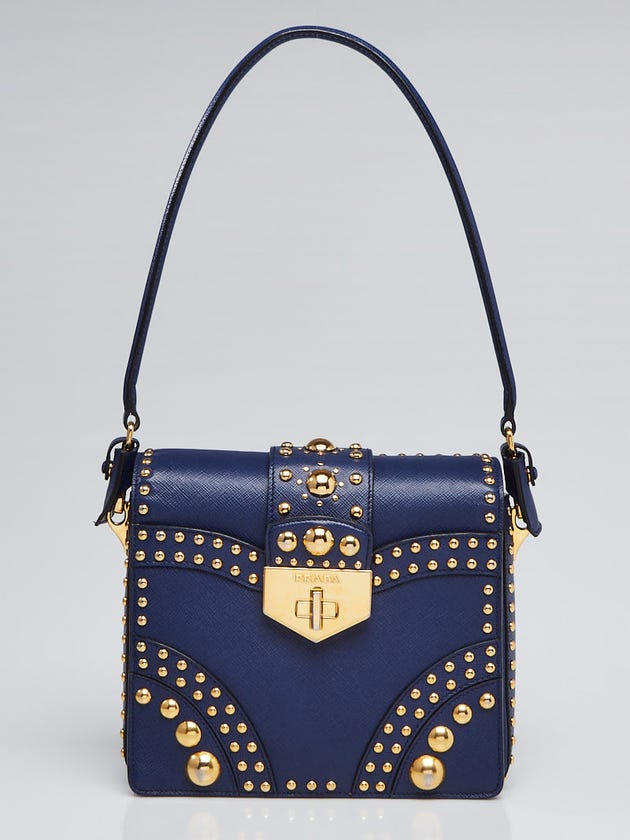 Prada Blue Saffiano Studded Leather Top Handle Bag B5045M