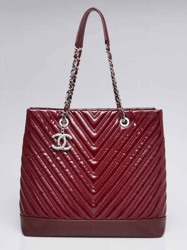 Chanel Burgundy Chevron Quilted Patent Leather Large Shopping Tote Bag
