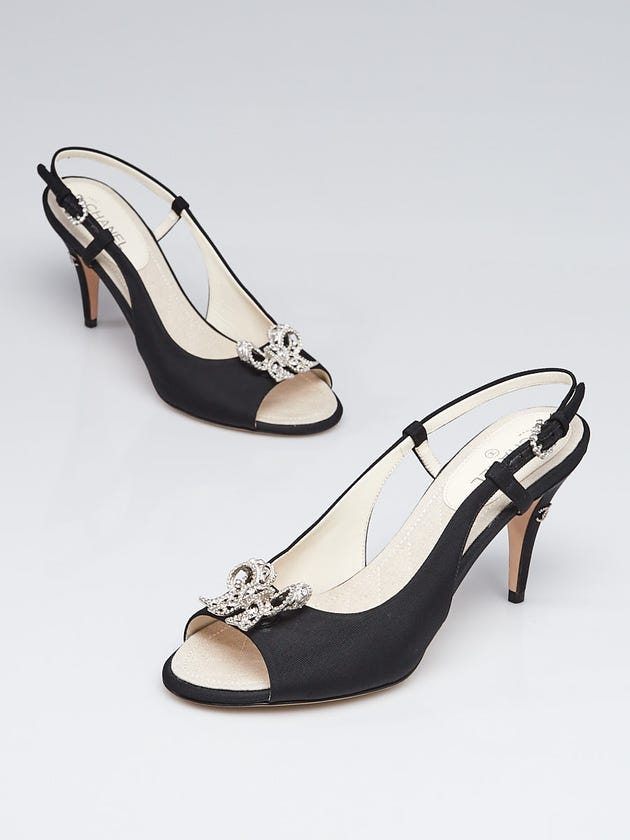Chanel Black Grosgrain Fabric and Crystal Bow Peep-Toe Slingback Pumps Size 7/37.5