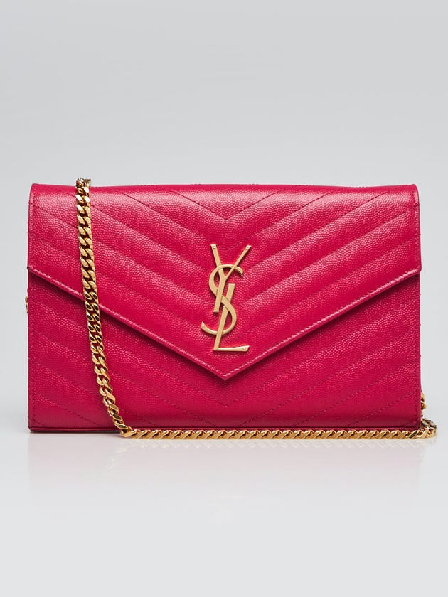Yves Saint Laurent Pink Chevron Quilted Grained Leather Metalasse Wallet on Chain Bag