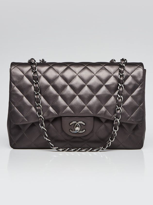 Chanel Dark Grey Quilted Lambskin Leather Classic Single Jumbo Flap Bag