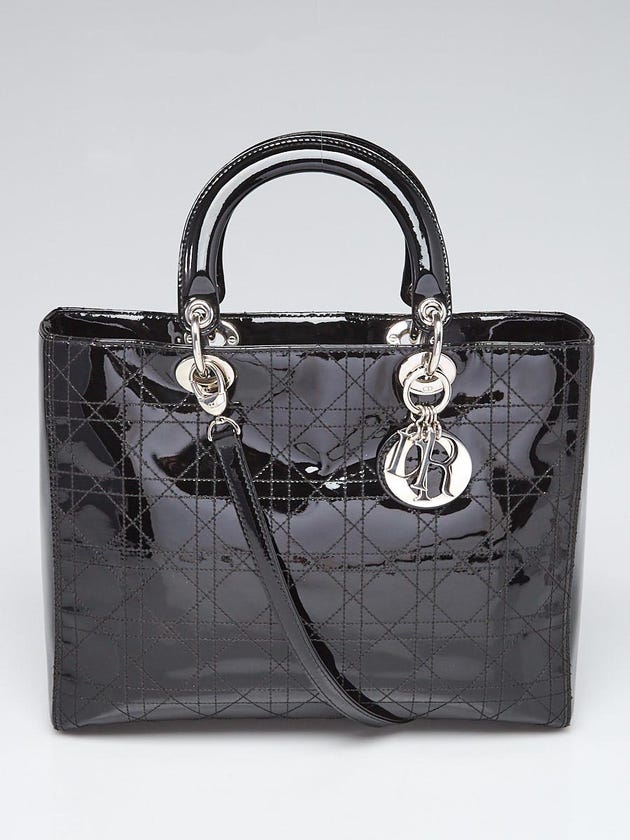 Christian Dior Black Cannage Quilted Patent Leather Lady Dior Large Tote Bag