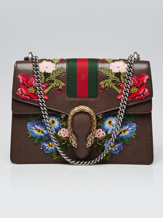 Gucci Gray Leather Floral Embroidered Dionysus Shoulder Bag